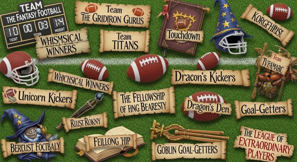 Creative fantasy football team names displayed on a digital football scoreboard, representing funny, clever, and unique league name ideas.