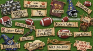 Creative fantasy football team names displayed on a digital football scoreboard, representing funny, clever, and unique league name ideas.