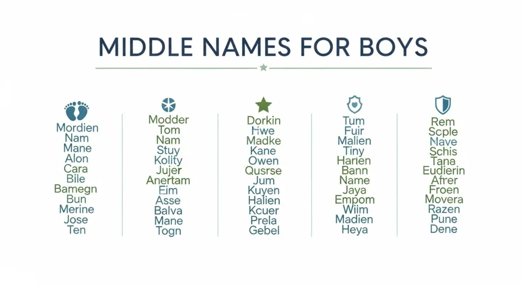 Stylish list of middle names for boys displayed with elegant typography, representing meaningful, creative, and popular baby boy name ideas.