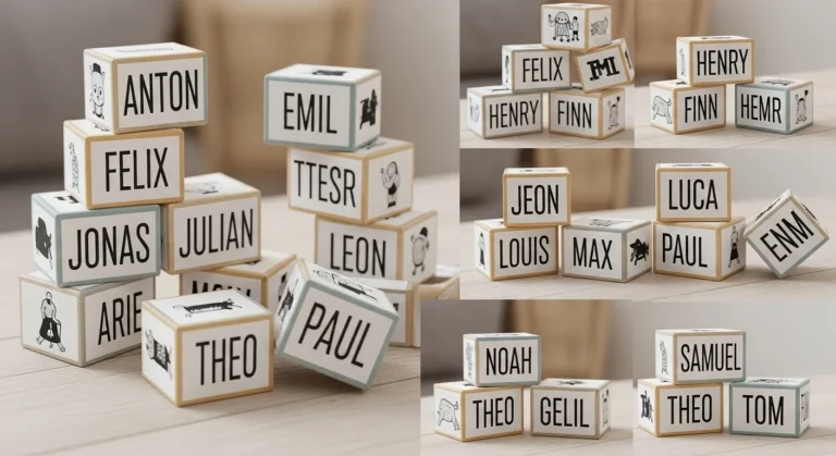 Modern German boy names displayed in stylish typography with subtle Berlin skyline background, representing trendy and culturally authentic male names.