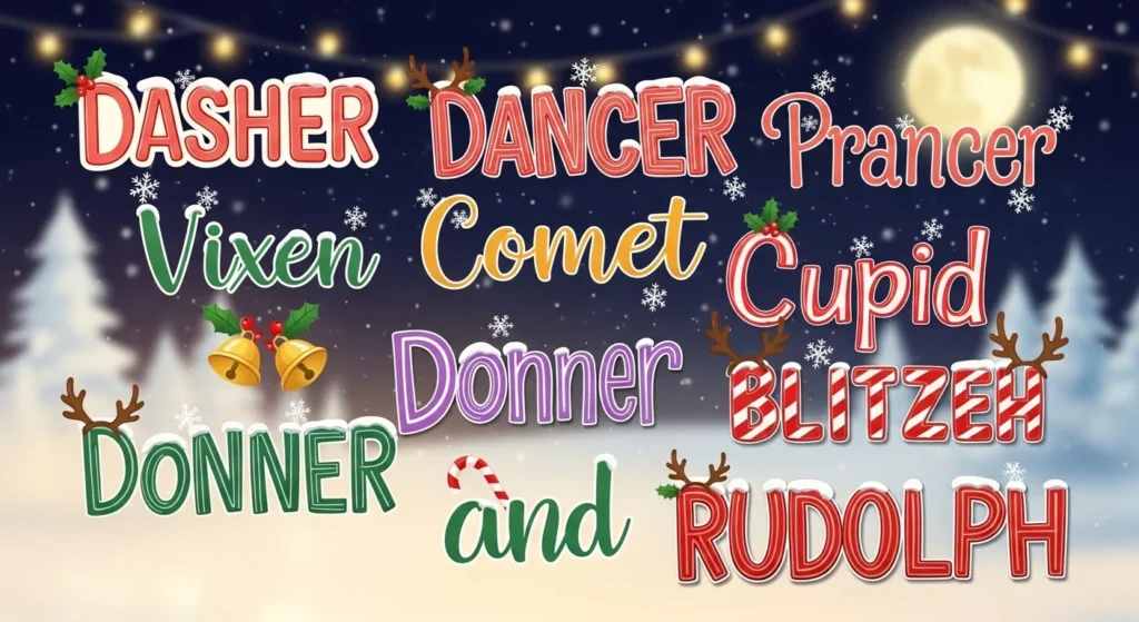 Santa’s reindeer in a snowy Christmas scene, each labeled with traditional names, representing the classic holiday reindeer from Santa’s sleigh.