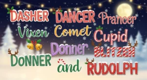 Santa’s reindeer in a snowy Christmas scene, each labeled with traditional names, representing the classic holiday reindeer from Santa’s sleigh.