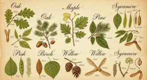 Variety of trees in a lush forest labeled with their names, representing common, exotic, and educational tree names for nature lovers and gardeners.