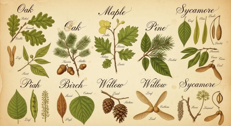Variety of trees in a lush forest labeled with their names, representing common, exotic, and educational tree names for nature lovers and gardeners.