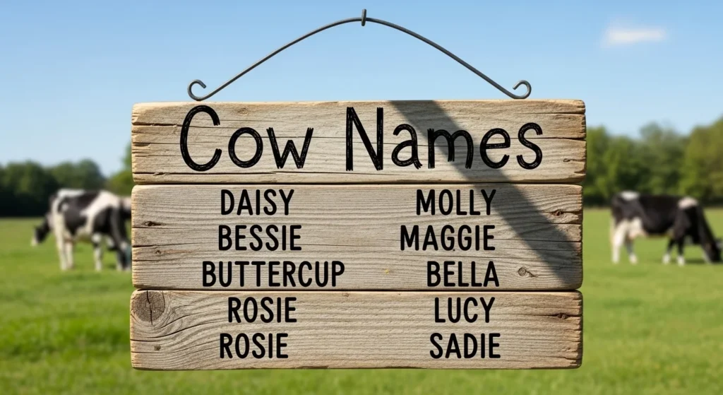 Cute brown and white dairy cow standing in a green pasture with a wooden name tag, representing creative cow names for farm animals and pet cows.