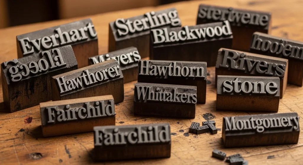 A curated list of good last names displayed in elegant typography, representing strong, meaningful, and creative surname ideas for characters and families.