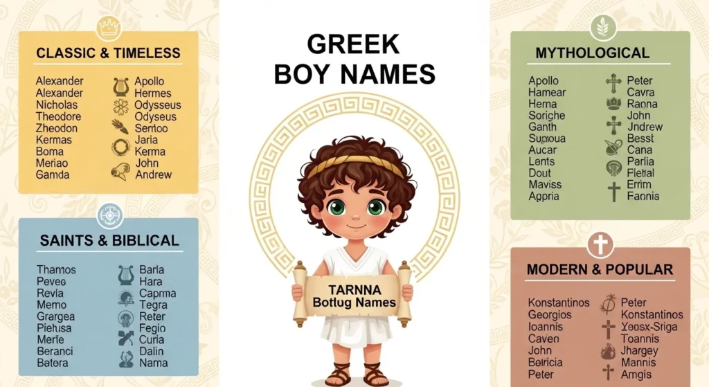 Traditional and modern Greek boy names displayed with elegant typography and subtle Greek motifs, representing meaningful male name ideas.