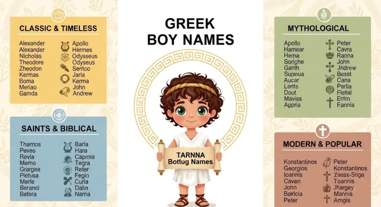 Traditional and modern Greek boy names displayed with elegant typography and subtle Greek motifs, representing meaningful male name ideas.