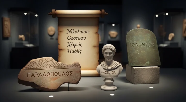 List of traditional Greek last names displayed with classical Greek columns and olive branch design, representing common Greek surnames and heritage.