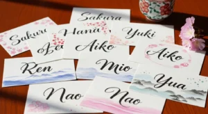 Elegant list of Japanese girl names on a soft background with cherry blossoms and traditional Japanese design, representing popular and meaningful female names.