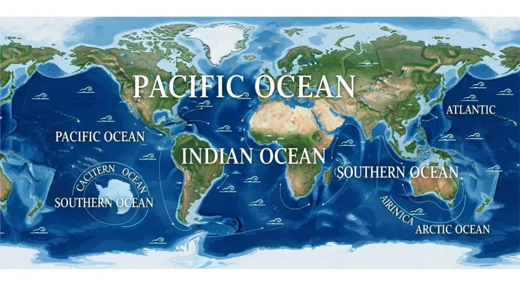World oceans labeled on a vibrant map, representing names of oceans for educational, geographical, or creative thematic purposes.