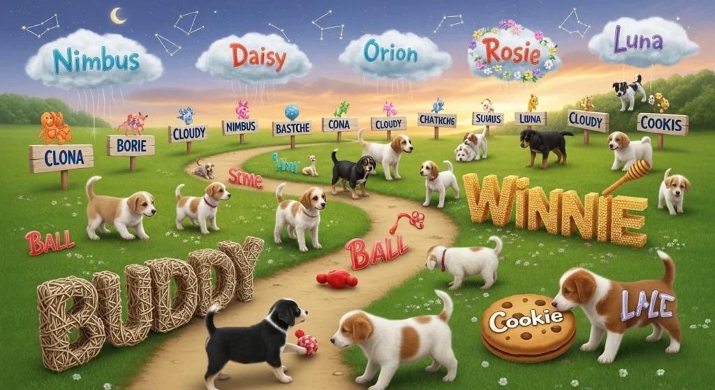 Cute puppies sitting together with colorful name tags, representing creative and popular puppy names for new dog owners and pet lovers.