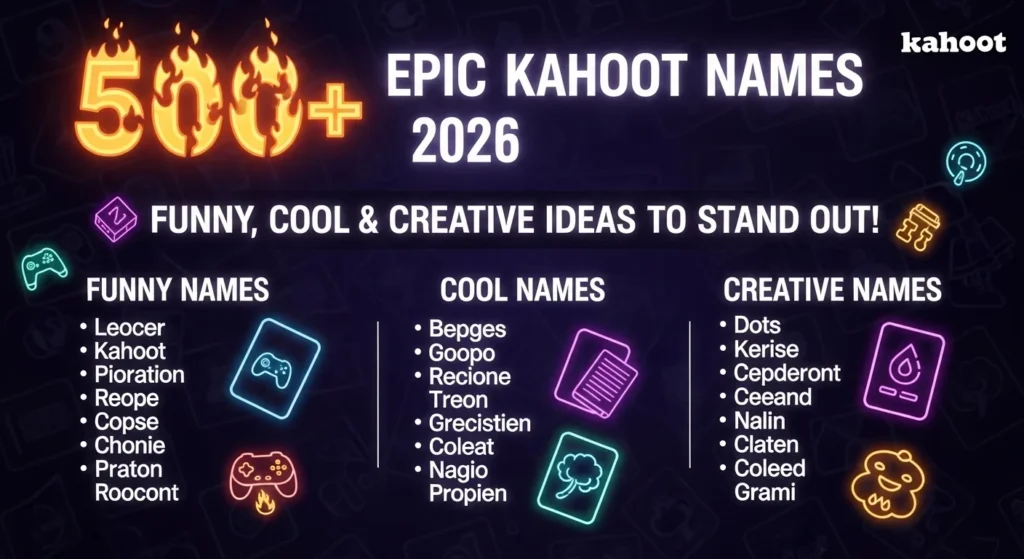 Creative and funny Kahoot names displayed on a colorful quiz screen, representing unique username ideas for online games and classroom quizzes.