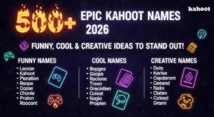 Creative and funny Kahoot names displayed on a colorful quiz screen, representing unique username ideas for online games and classroom quizzes.