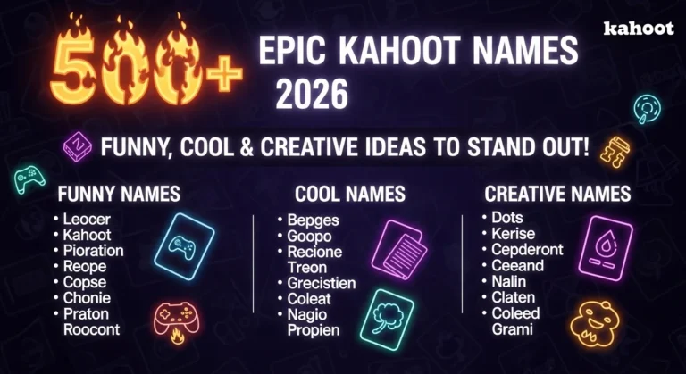 Creative and funny Kahoot names displayed on a colorful quiz screen, representing unique username ideas for online games and classroom quizzes.